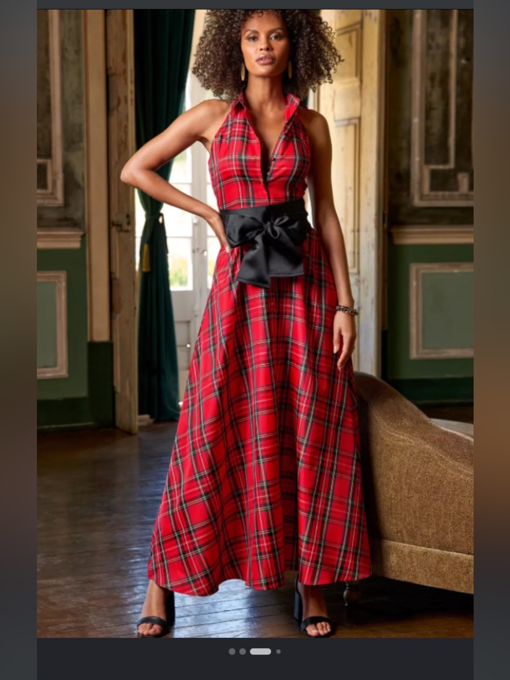 Boston Proper Red Plaid Halter Maxi with Black Sash